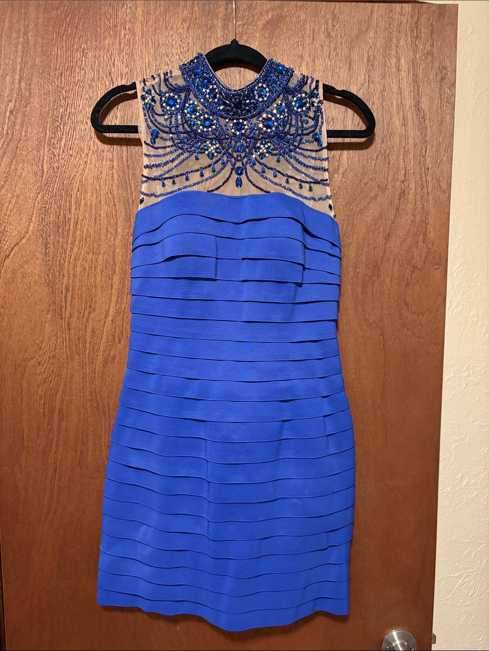 Beaded Illusion Neck Royal Blue Cocktail Dress